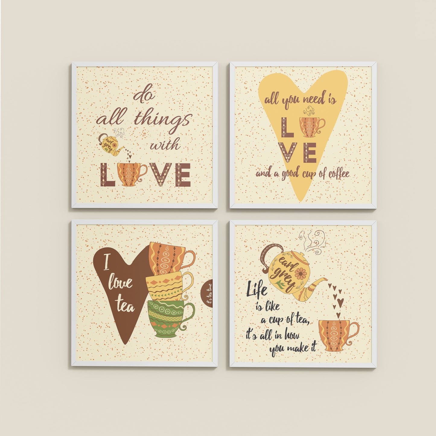 Wall View of Tea Time Love Quotes Set of 4 Wall Art Frames in White Color Frame