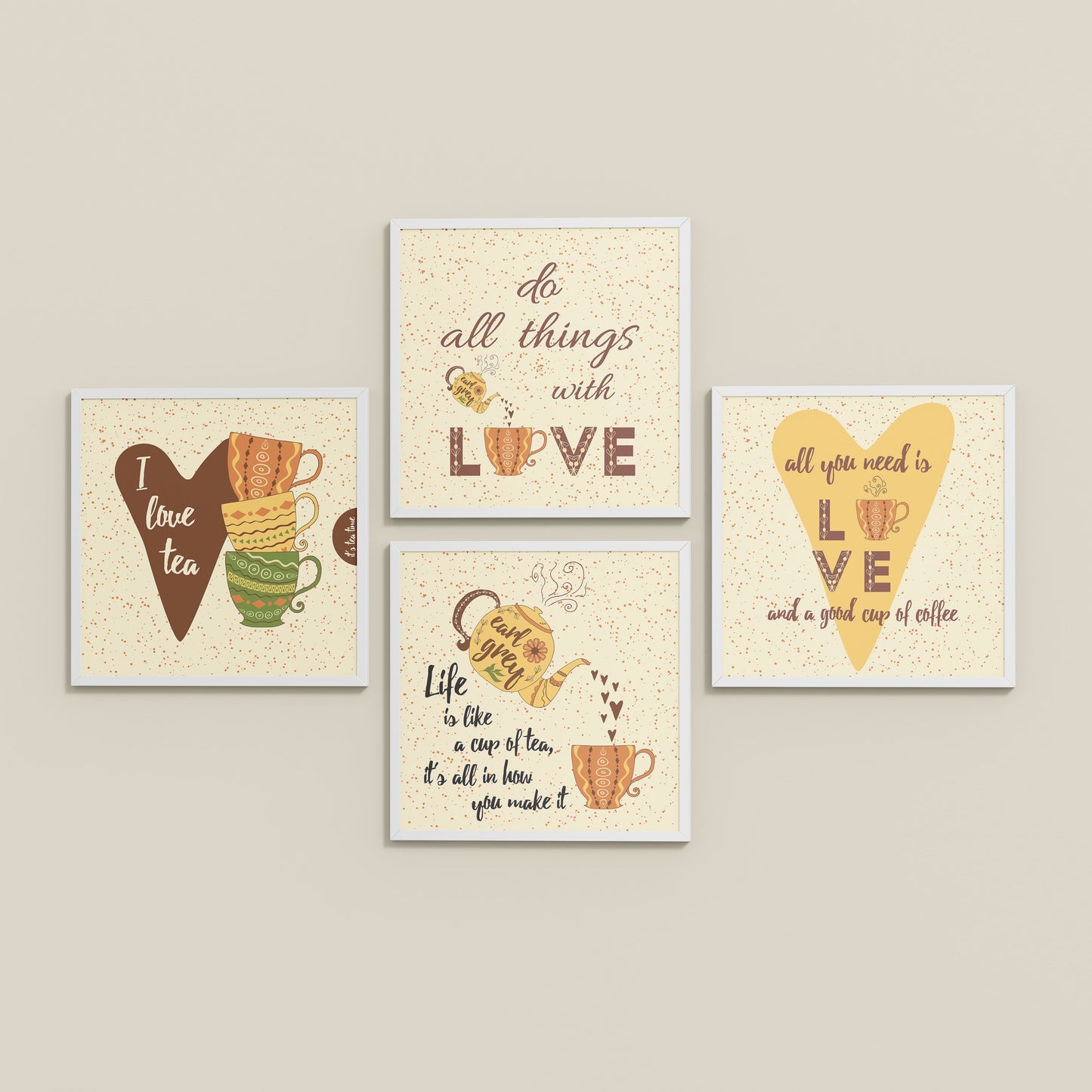 Inclined Floor View of Tea Time Love Quotes Set of 4 Wall Art Frames in White Color Frame