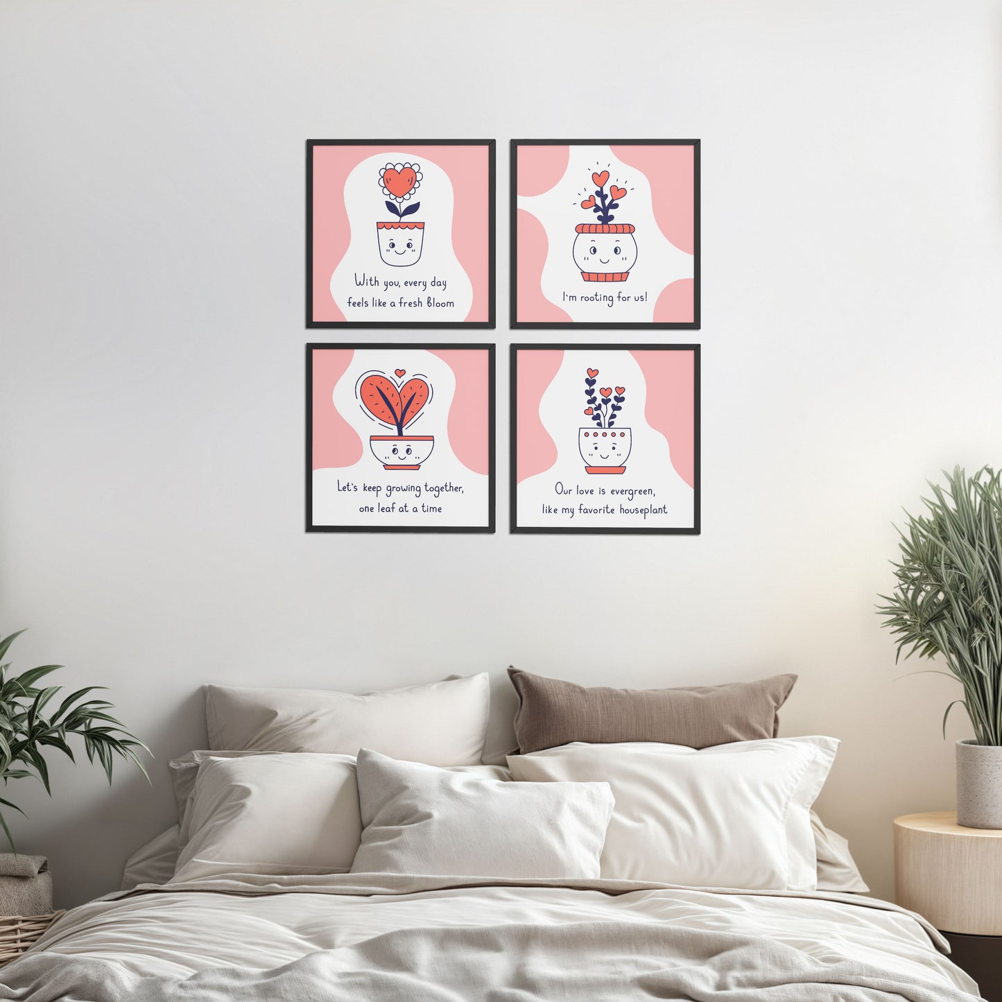 Bed Room Preview of Cute Plant Love Quotes Wall Art Set of 4 Frames in Black Color Frame