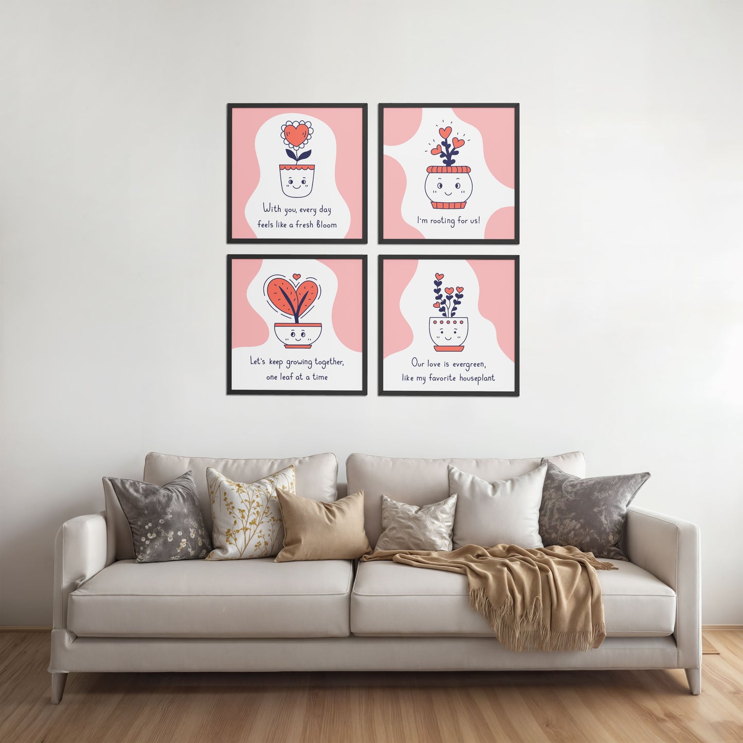 Living Room Sofa Preview of Cute Plant Love Quotes Wall Art Set of 4 Frames in Black Color Frame