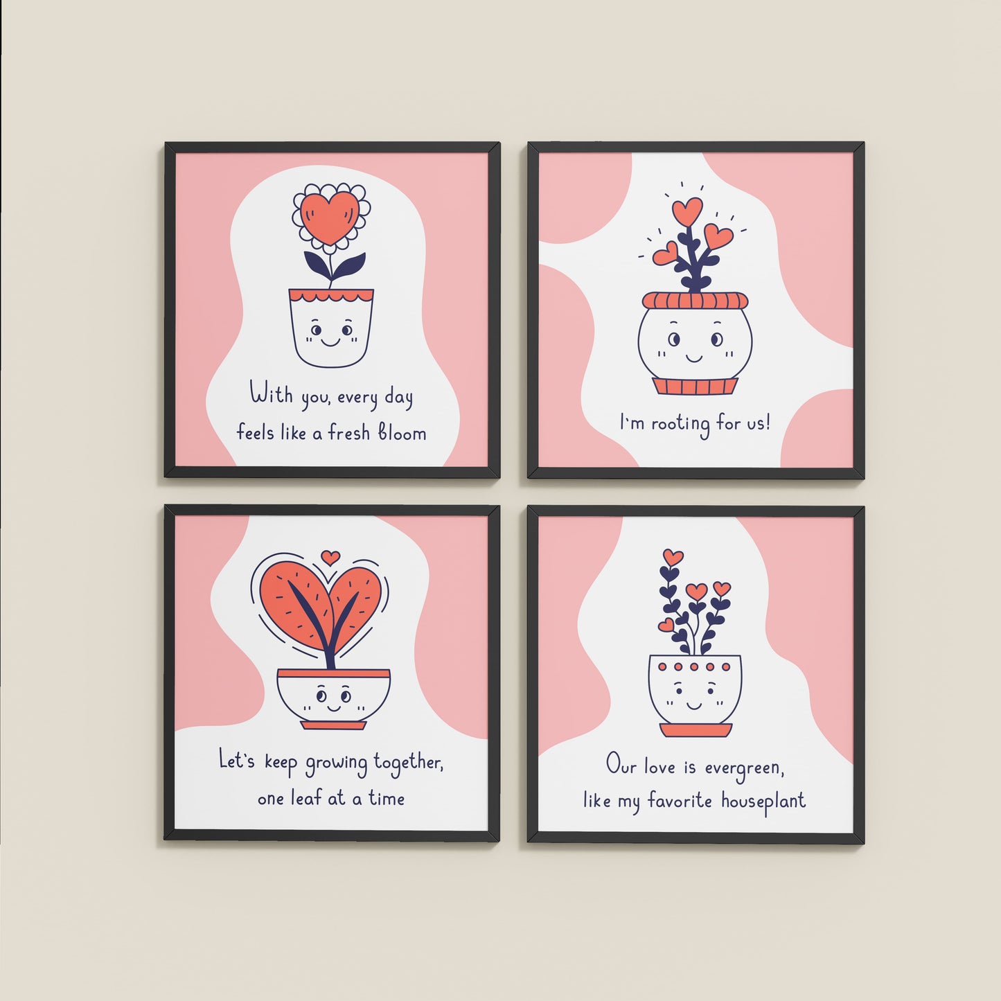 Wall View of Cute Plant Love Quotes Wall Art Set of 4 Frames in Black Color Frame