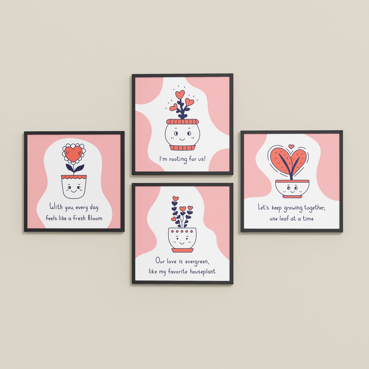 Inclined Floor View of Cute Plant Love Quotes Wall Art Set of 4 Frames in Black Color Frame