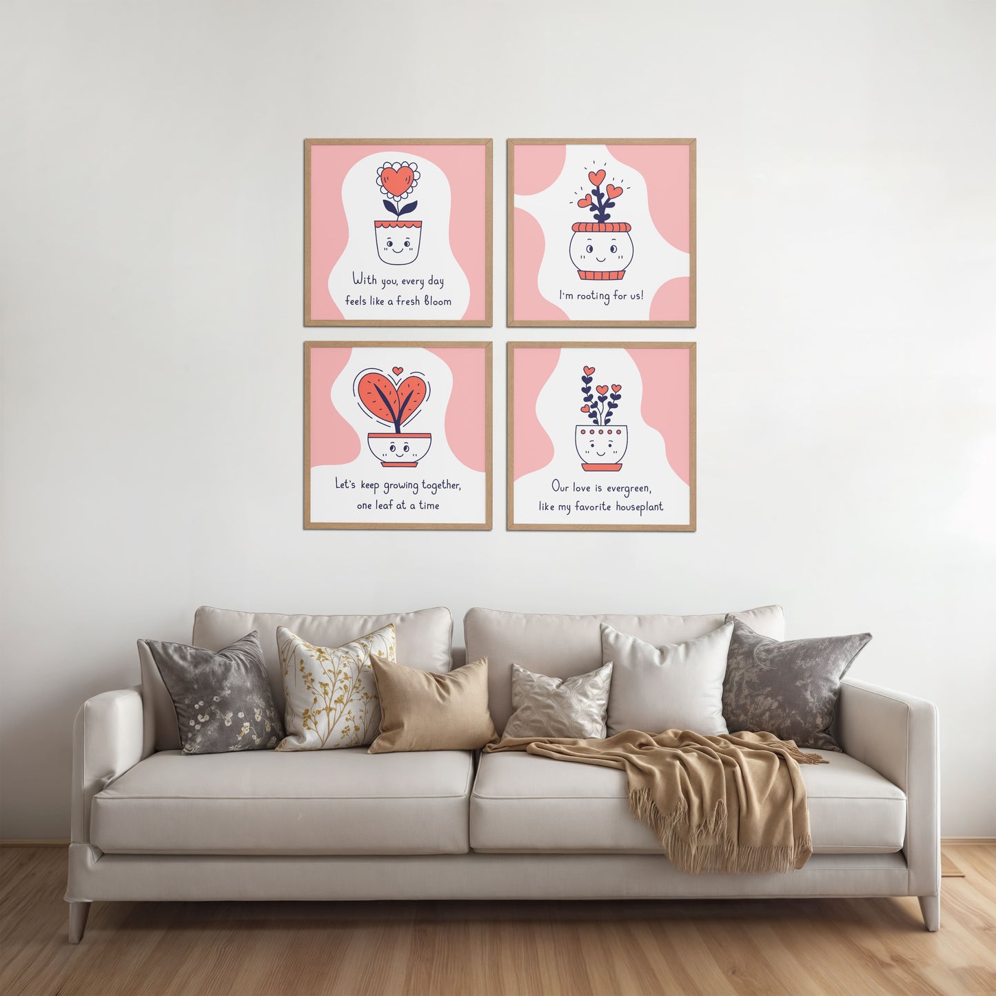 Living Room Sofa Preview of Cute Plant Love Quotes Wall Art Set of 4 Frames in Natrual Color Frame