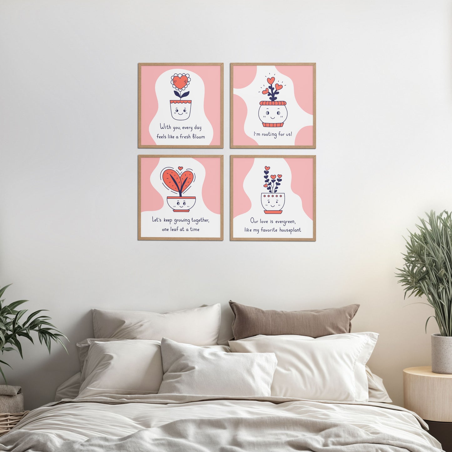 Bed Room Preview of Cute Plant Love Quotes Wall Art Set of 4 Frames in Natrual Color Frame