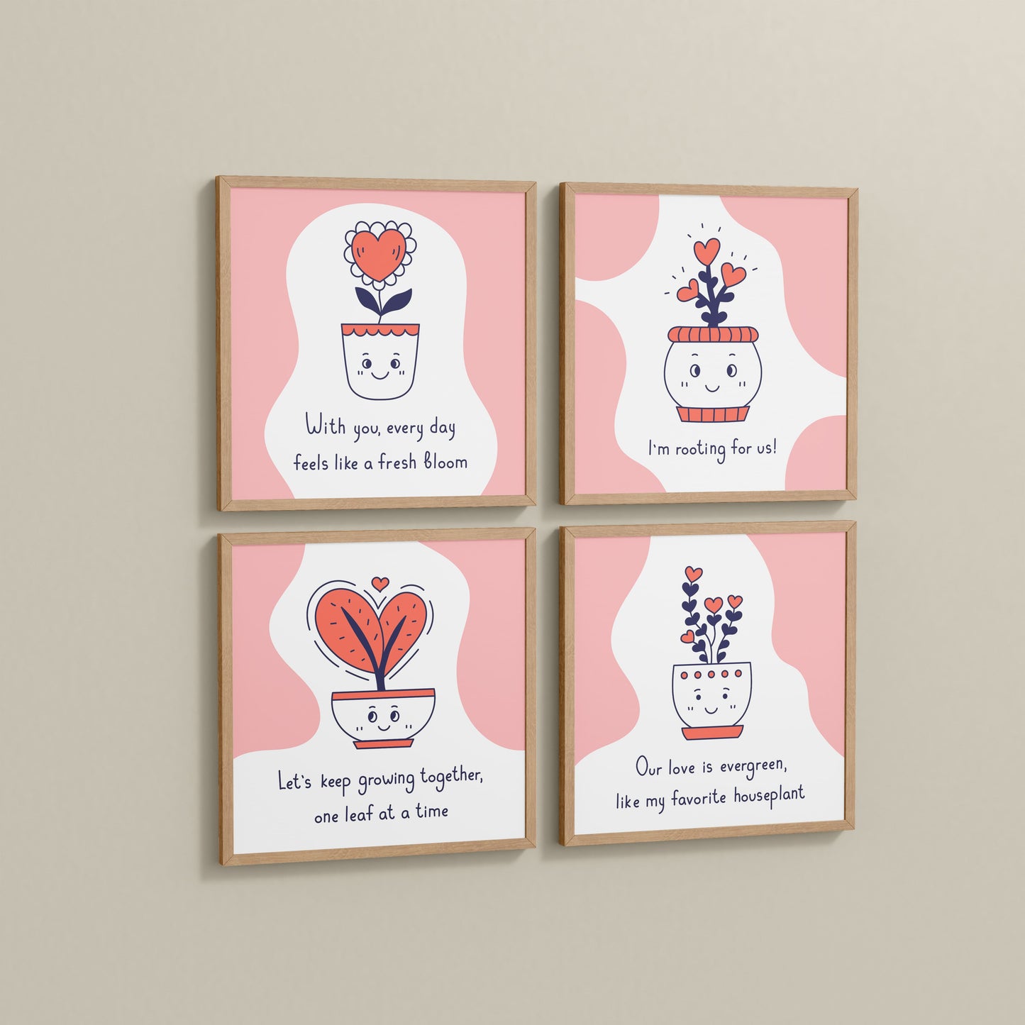 Side View of Cute Plant Love Quotes Wall Art Set of 4 Frames in Natrual Color Frame