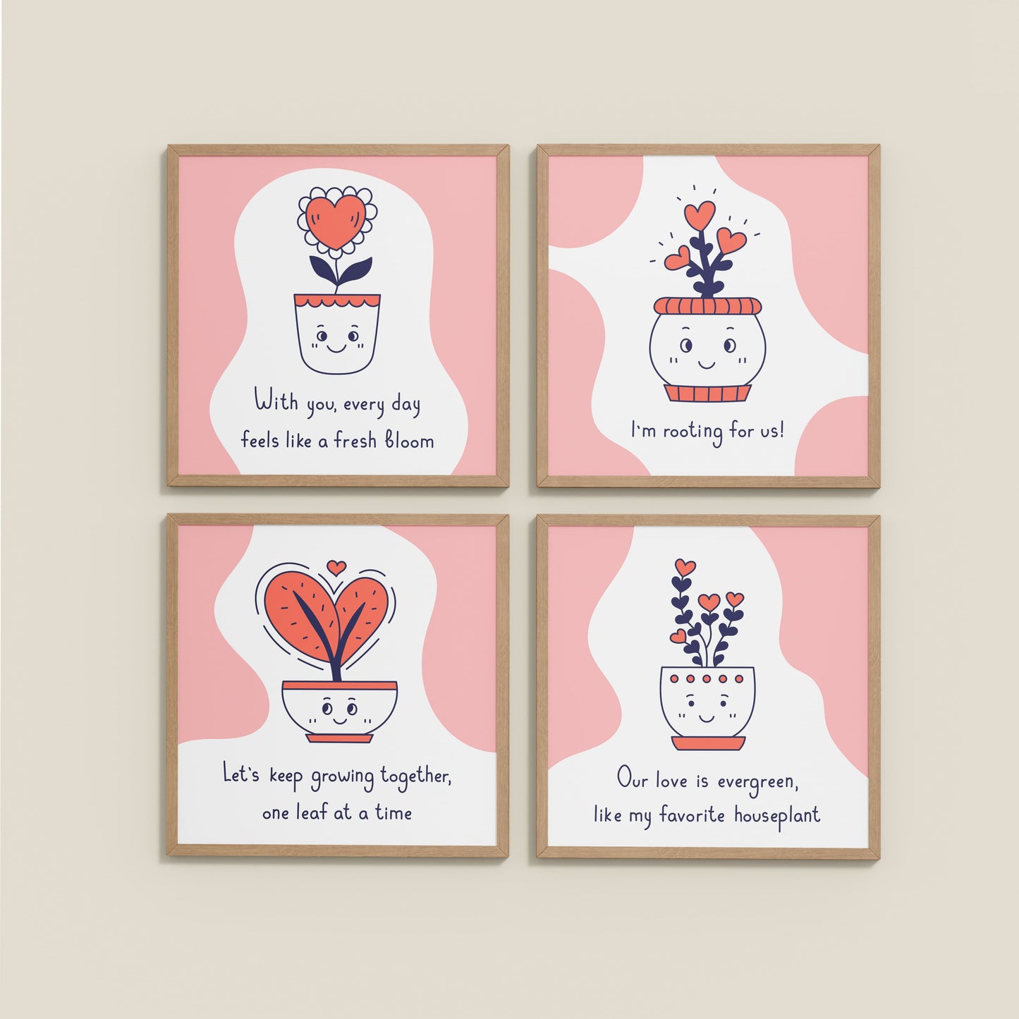 Wall View of Cute Plant Love Quotes Wall Art Set of 4 Frames in Natrual Color Frame