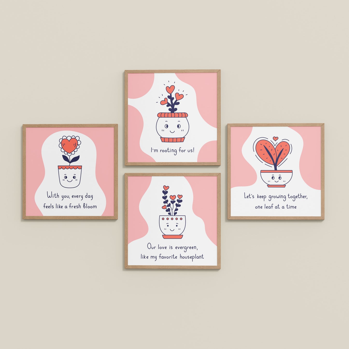 Inclined Floor View of Cute Plant Love Quotes Wall Art Set of 4 Frames in Natrual Color Frame