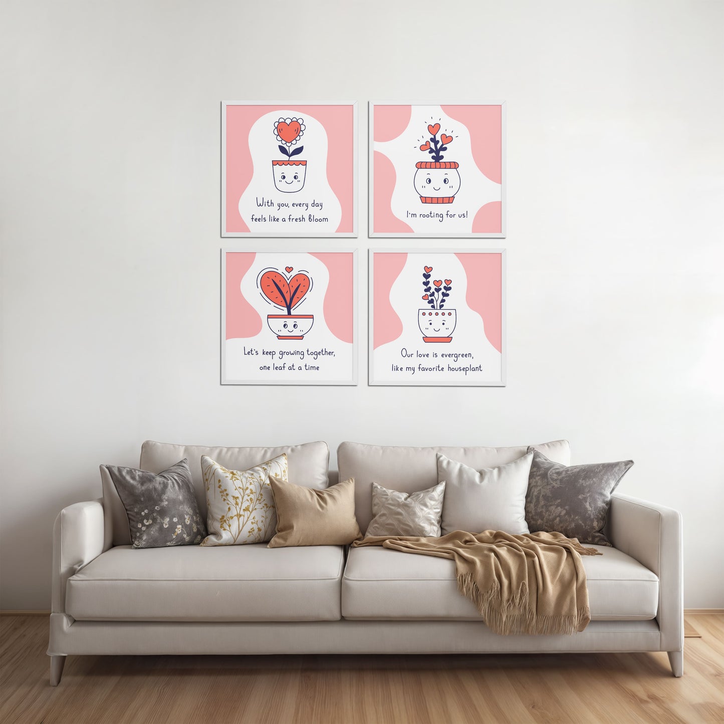 Living Room Sofa Preview of Cute Plant Love Quotes Wall Art Set of 4 Frames in White Color Frame