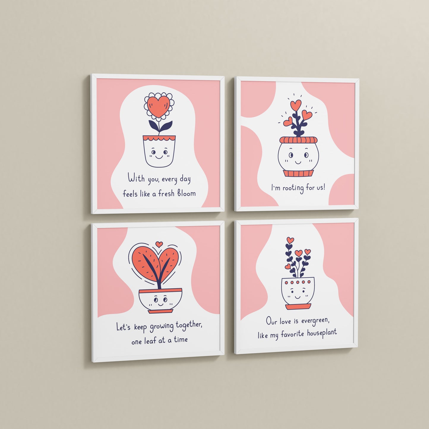 Side View of Cute Plant Love Quotes Wall Art Set of 4 Frames in White Color Frame