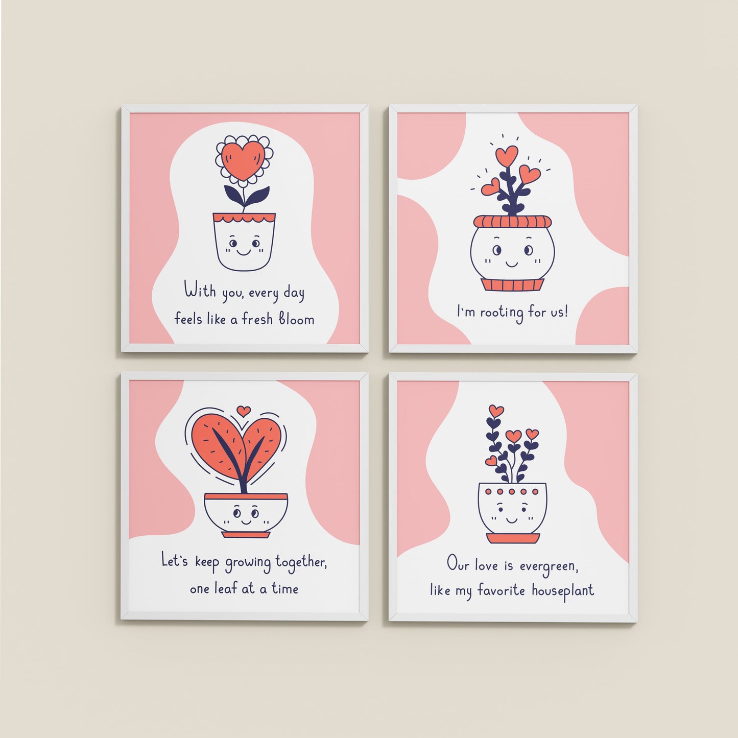 Wall View of Cute Plant Love Quotes Wall Art Set of 4 Frames in White Color Frame