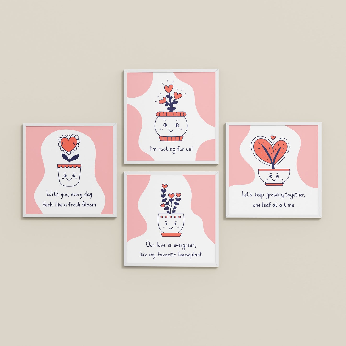 Inclined Floor View of Cute Plant Love Quotes Wall Art Set of 4 Frames in White Color Frame
