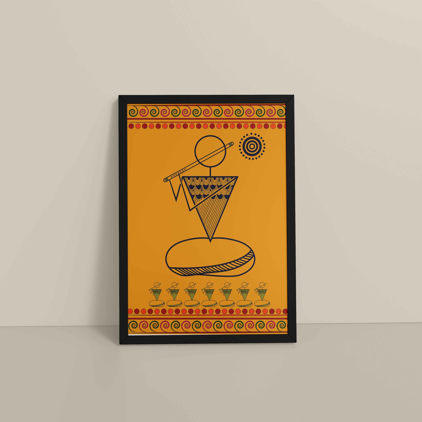 Floor View of Flute Player in Warli Art – Traditional Folk Style Wall Decor in Black Color Frame