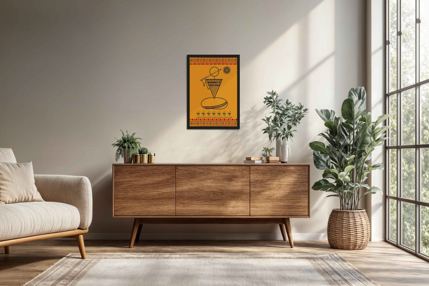 Living Room Cabinet Preview of Flute Player in Warli Art – Traditional Folk Style Wall Decor in Black Color Frame