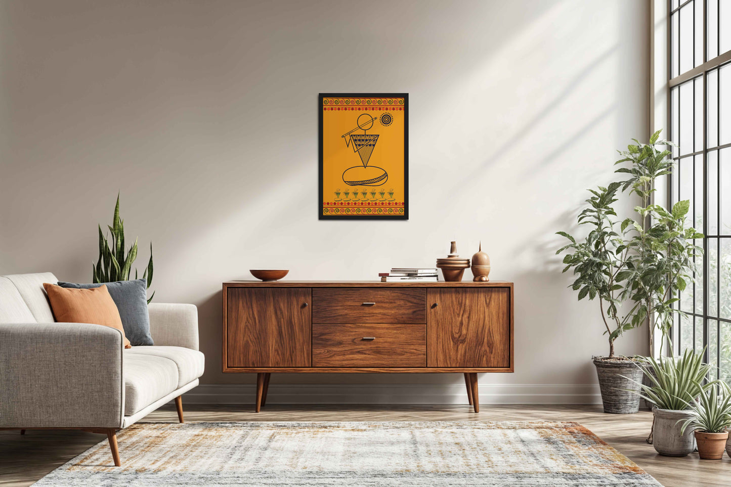 Living Room Sofa Preview of Flute Player in Warli Art – Traditional Folk Style Wall Decor in Black Color Frame