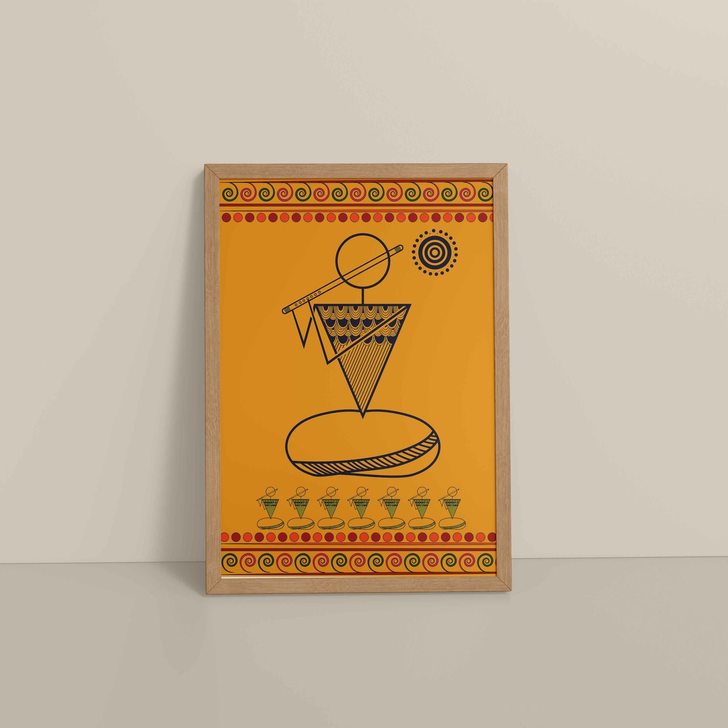 Floor View of Flute Player in Warli Art – Traditional Folk Style Wall Decor in Natrual Color Frame