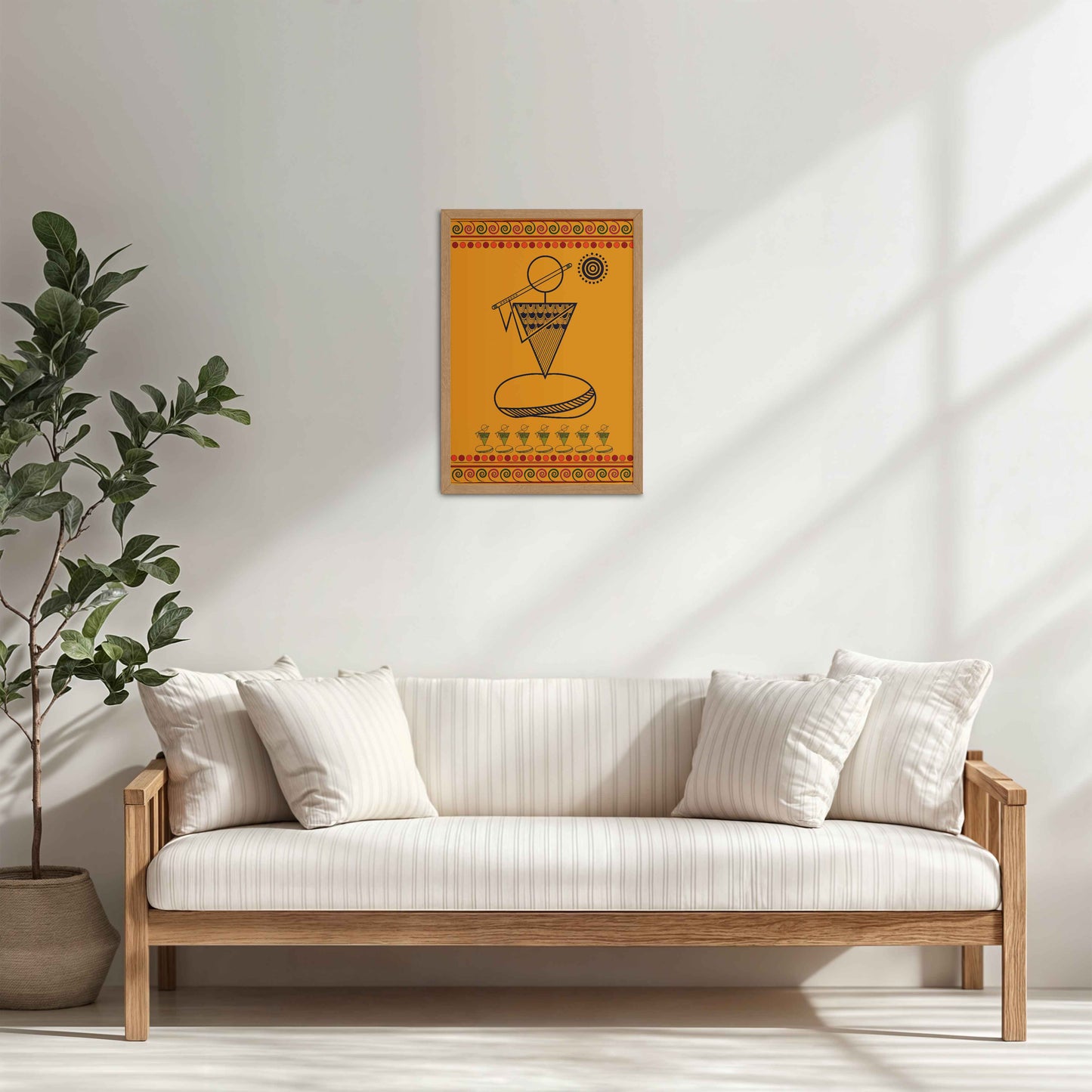 Living Room Cabinet Table Preview of Flute Player in Warli Art – Traditional Folk Style Wall Decor in Natrual Color Frame