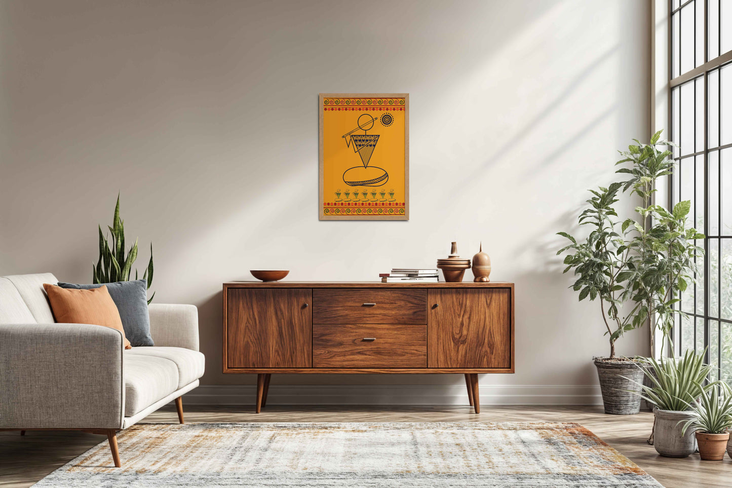 Living Room Sofa Preview of Flute Player in Warli Art – Traditional Folk Style Wall Decor in Natrual Color Frame