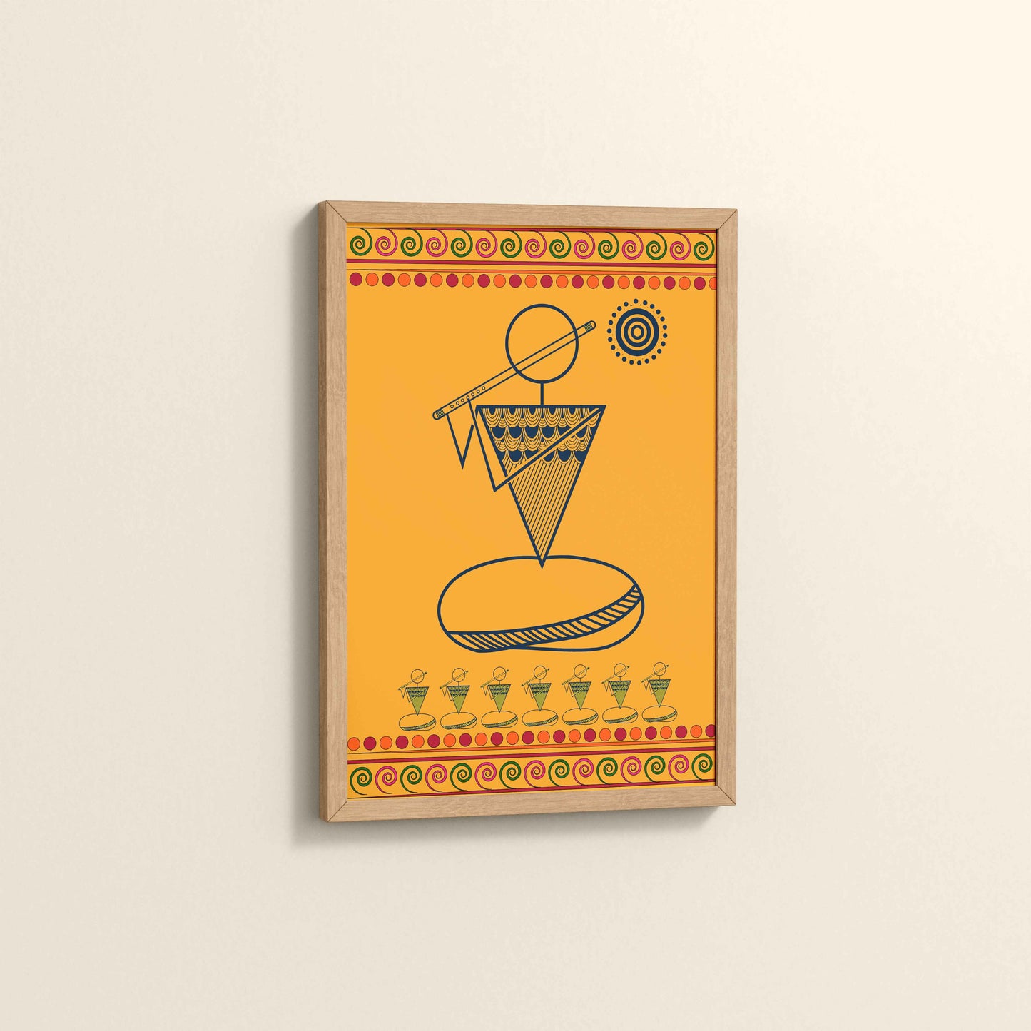 Side View of Flute Player in Warli Art – Traditional Folk Style Wall Decor in Natrual Color Frame