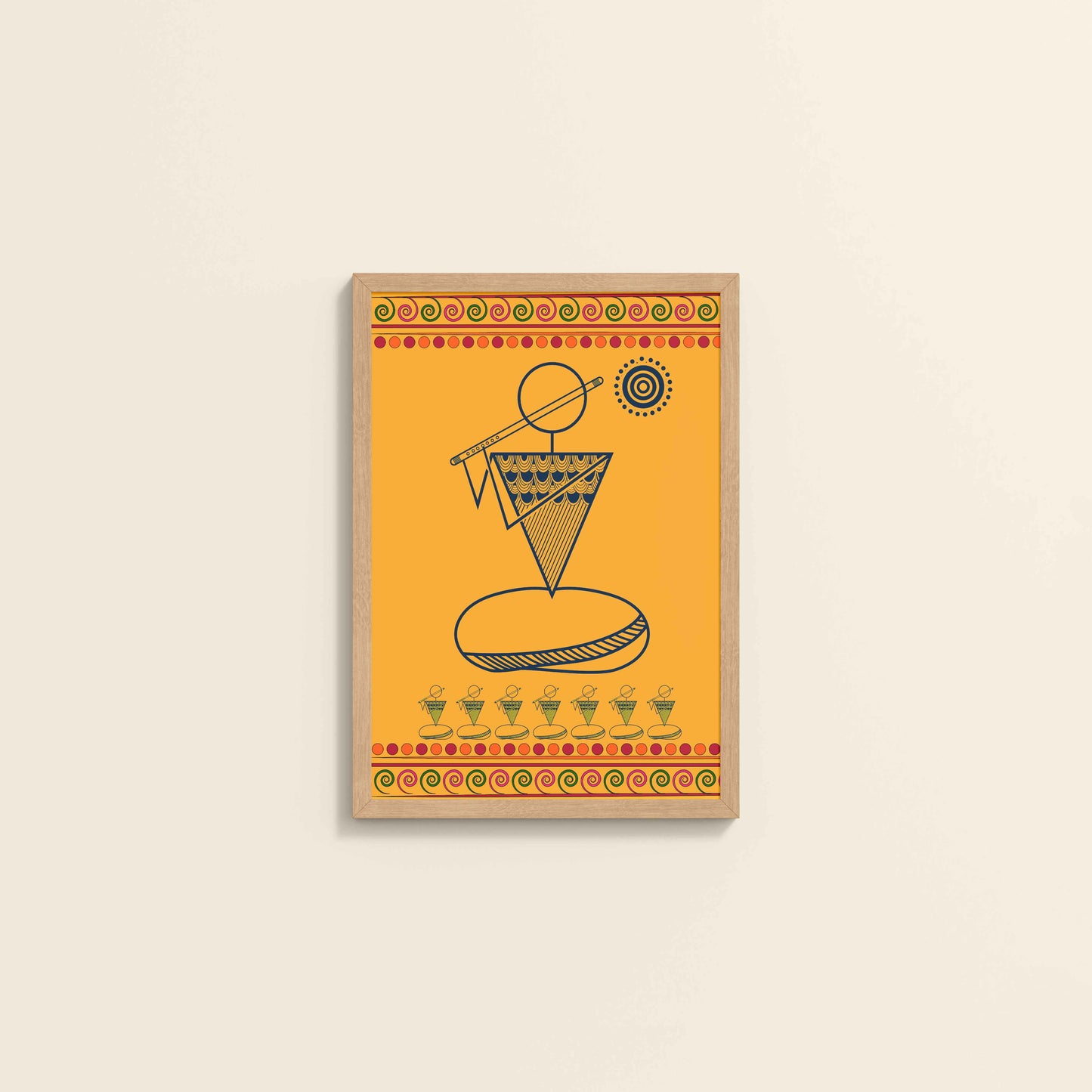 Wall View of Flute Player in Warli Art – Traditional Folk Style Wall Decor in Natrual Color Frame