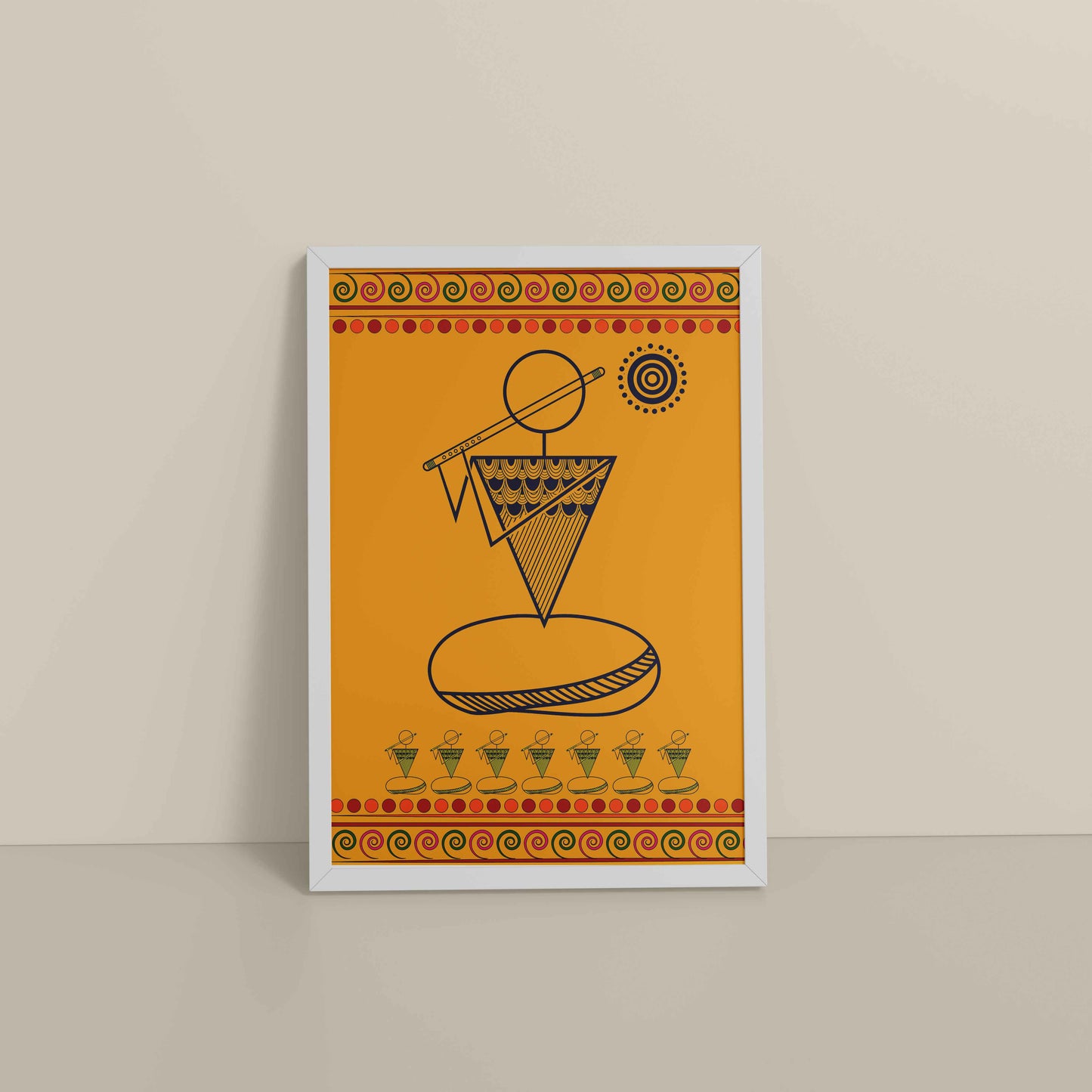 Floor View of Flute Player in Warli Art – Traditional Folk Style Wall Decor in White Color Frame