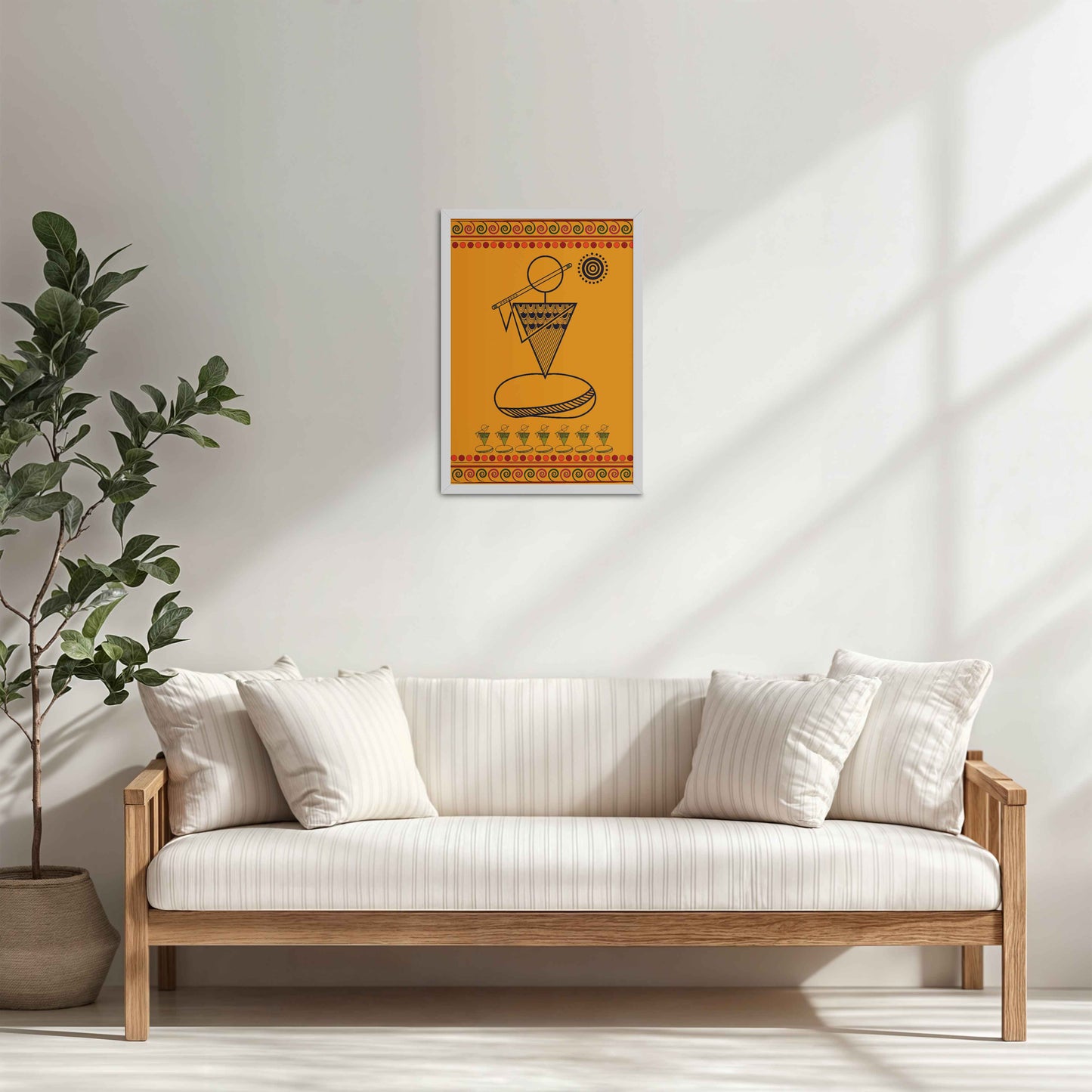 Living Room Cabinet Table Preview of Flute Player in Warli Art – Traditional Folk Style Wall Decor in White Color Frame