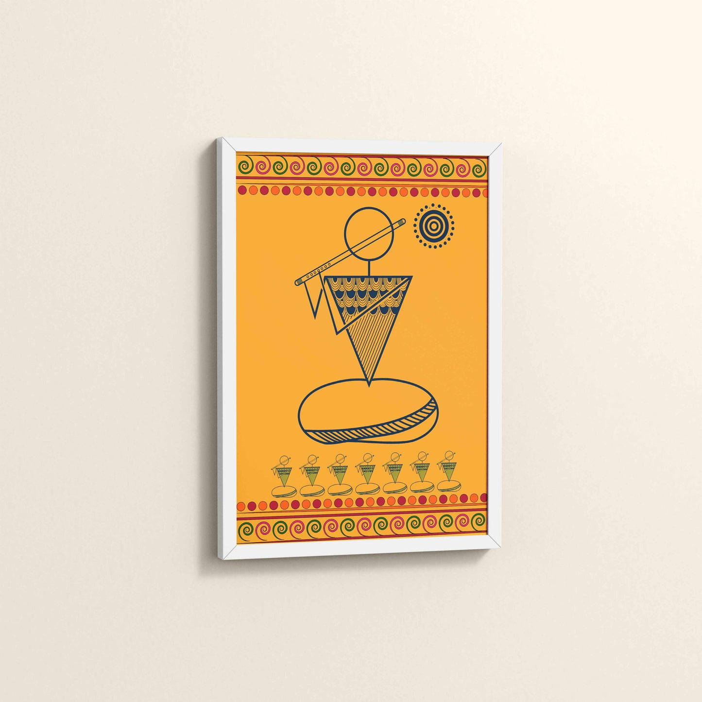 Side View of Flute Player in Warli Art – Traditional Folk Style Wall Decor in White Color Frame