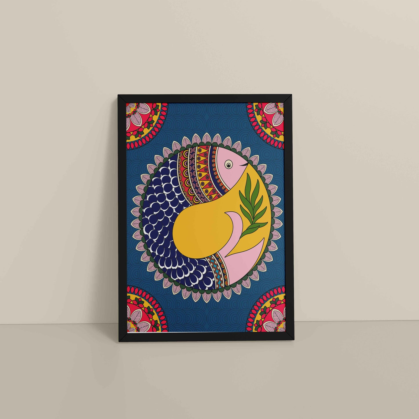 Floor View of Fish in Flow – Traditional Warli Art Wall Frame in Black Color Frame