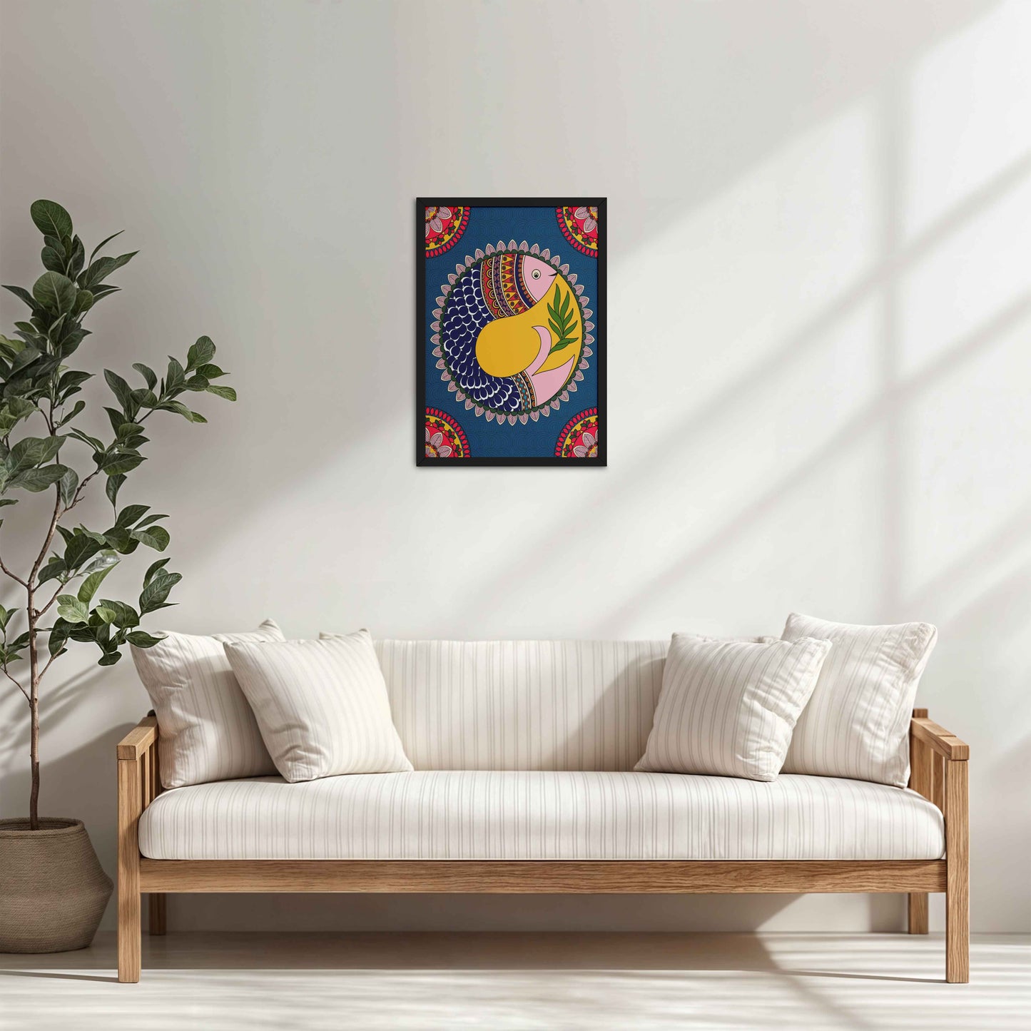 Living Room Cabinet Table Preview of Fish in Flow – Traditional Warli Art Wall Frame in Black Color Frame