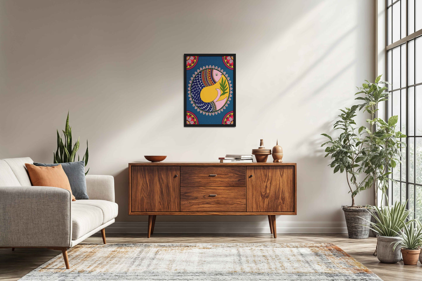 Living Room Sofa Preview of Fish in Flow – Traditional Warli Art Wall Frame in Black Color Frame