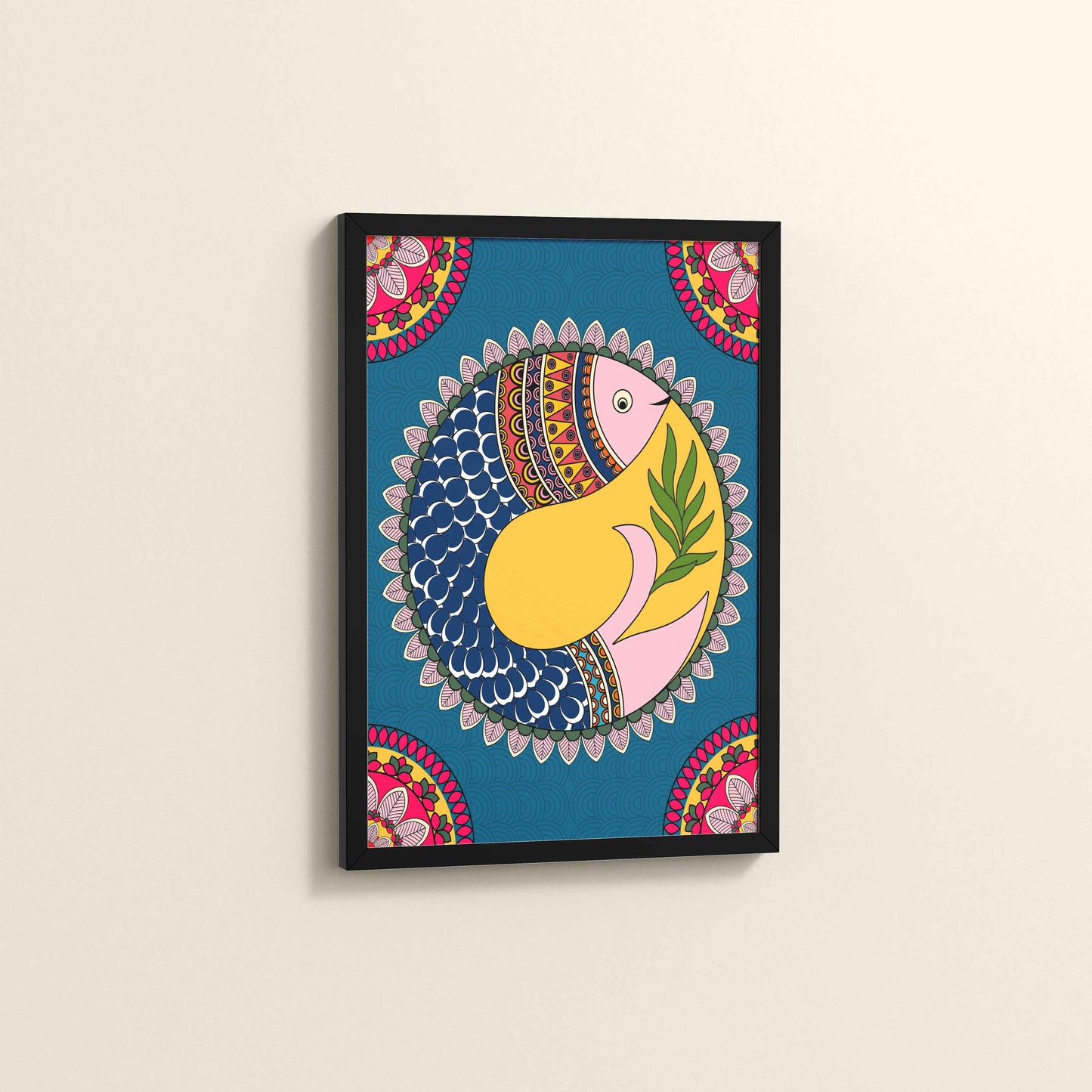Side View of Fish in Flow – Traditional Warli Art Wall Frame in Black Color Frame