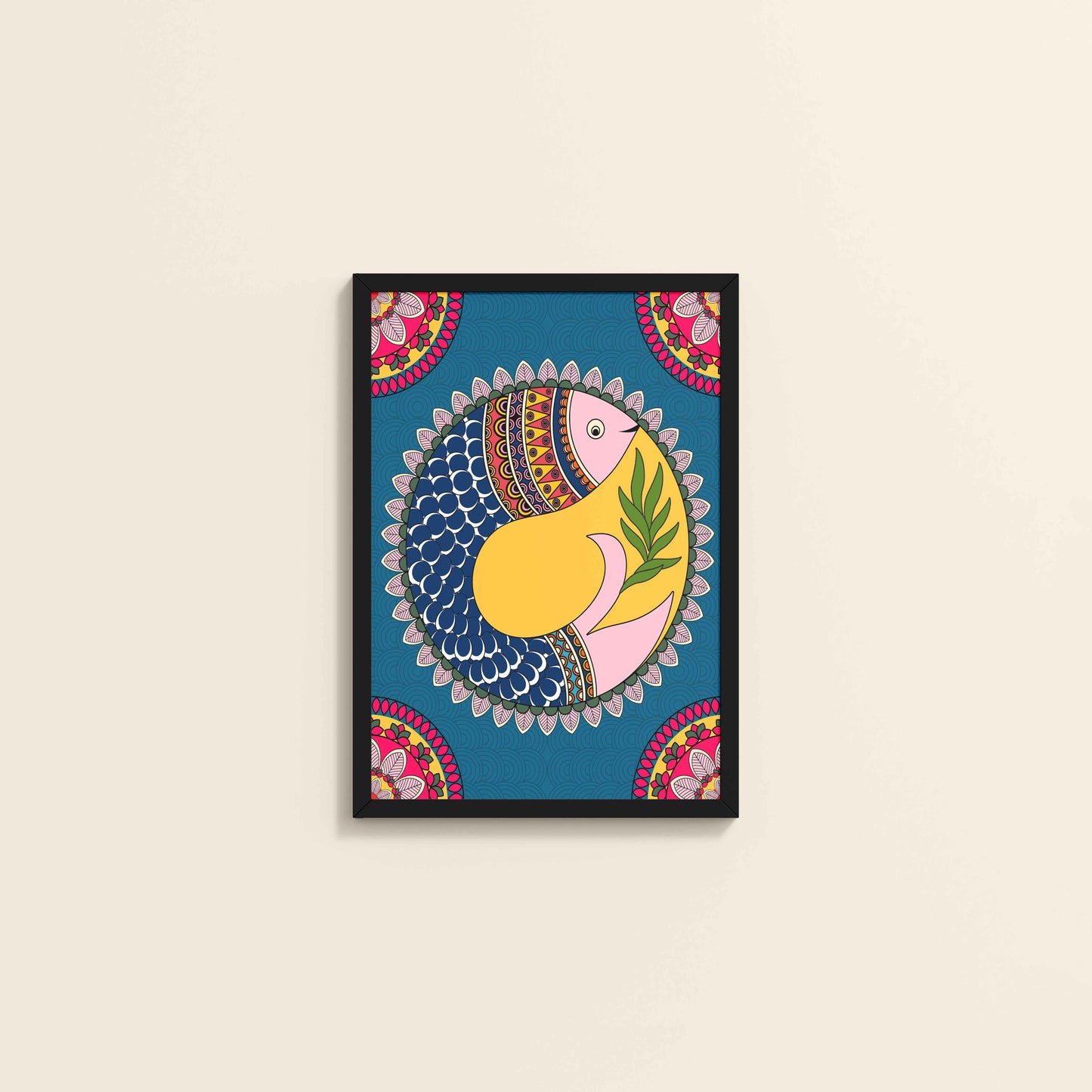Wall View of Fish in Flow – Traditional Warli Art Wall Frame in Black Color Frame