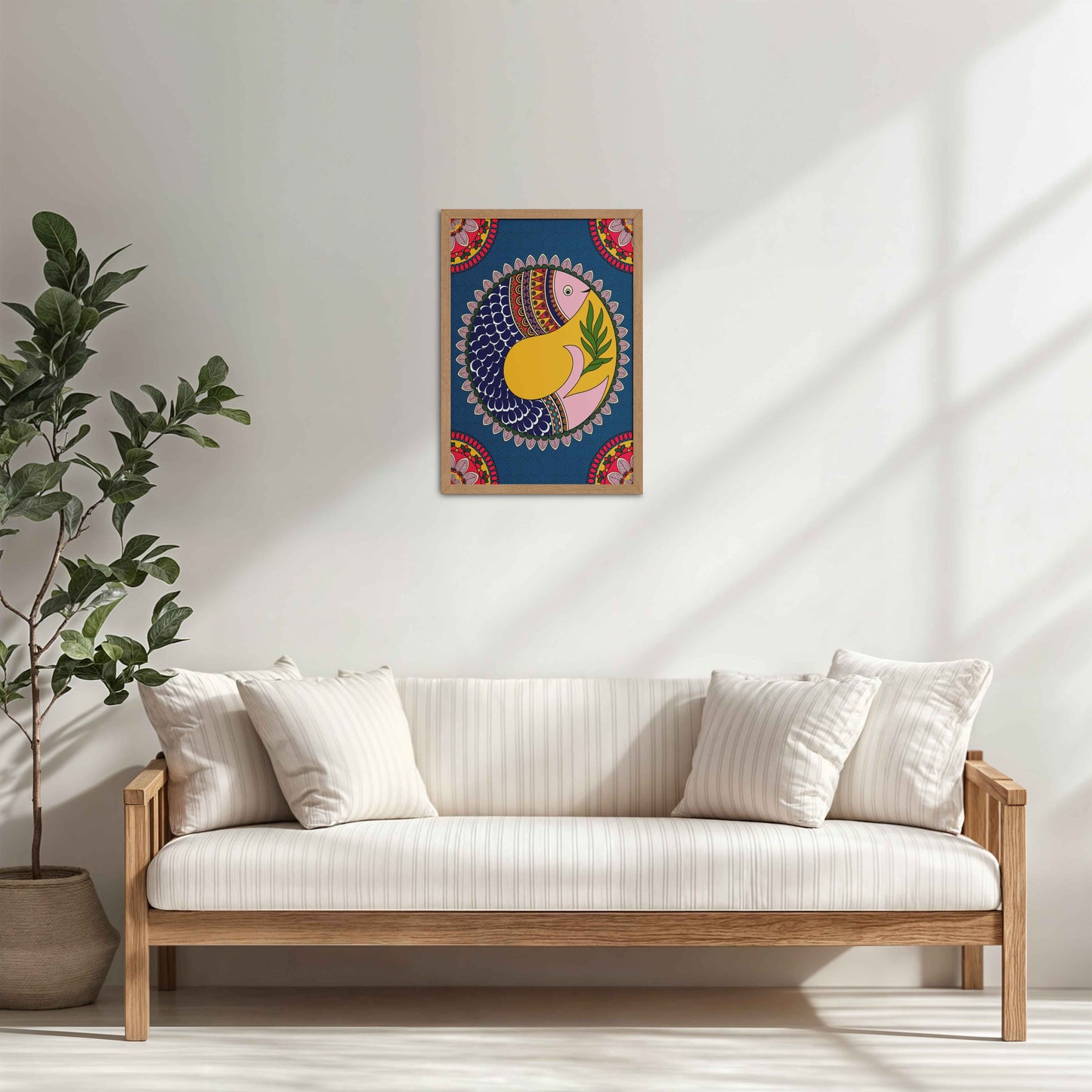 Living Room Cabinet Table Preview of Fish in Flow – Traditional Warli Art Wall Frame in Natrual Color Frame