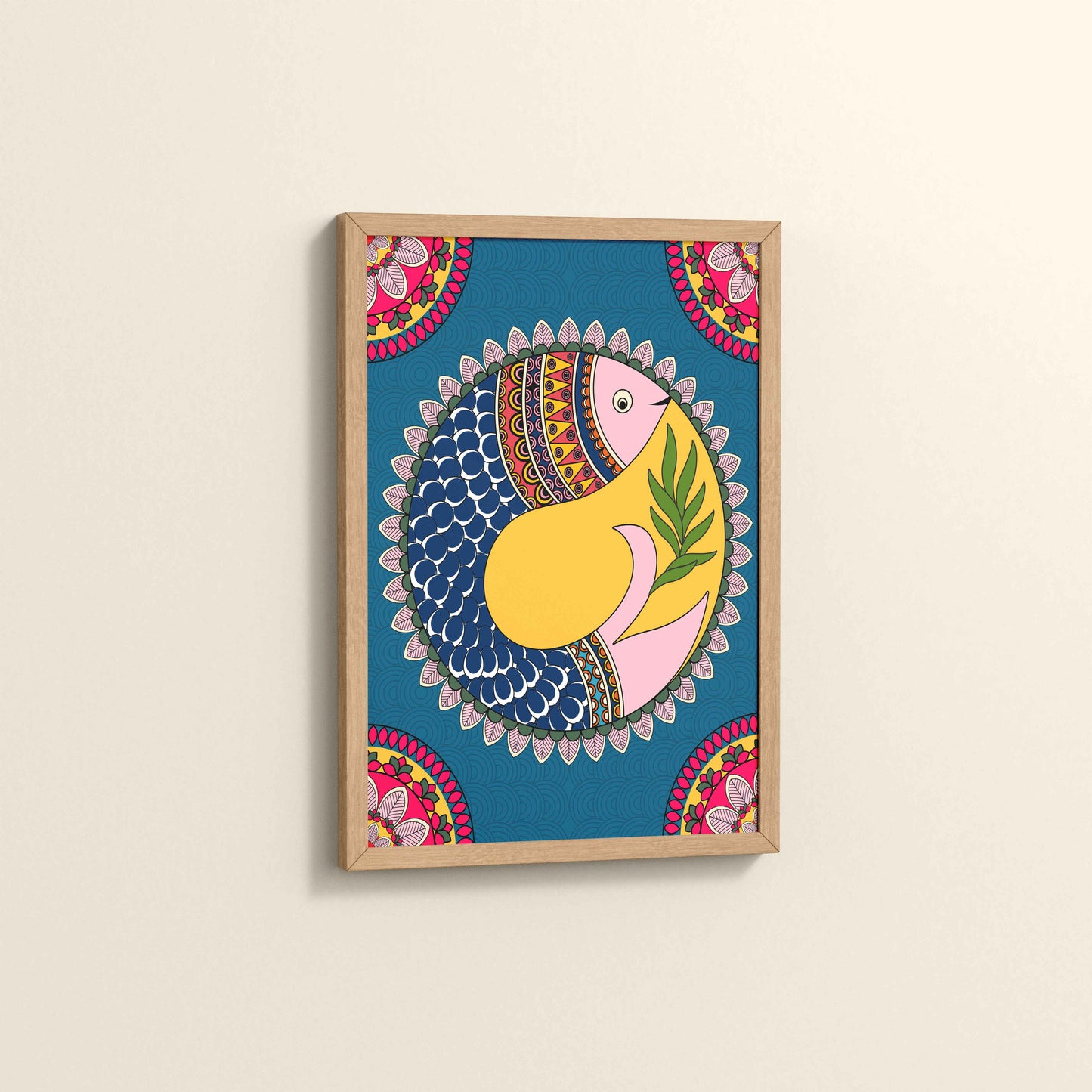 Side View of Fish in Flow – Traditional Warli Art Wall Frame in Natrual Color Frame