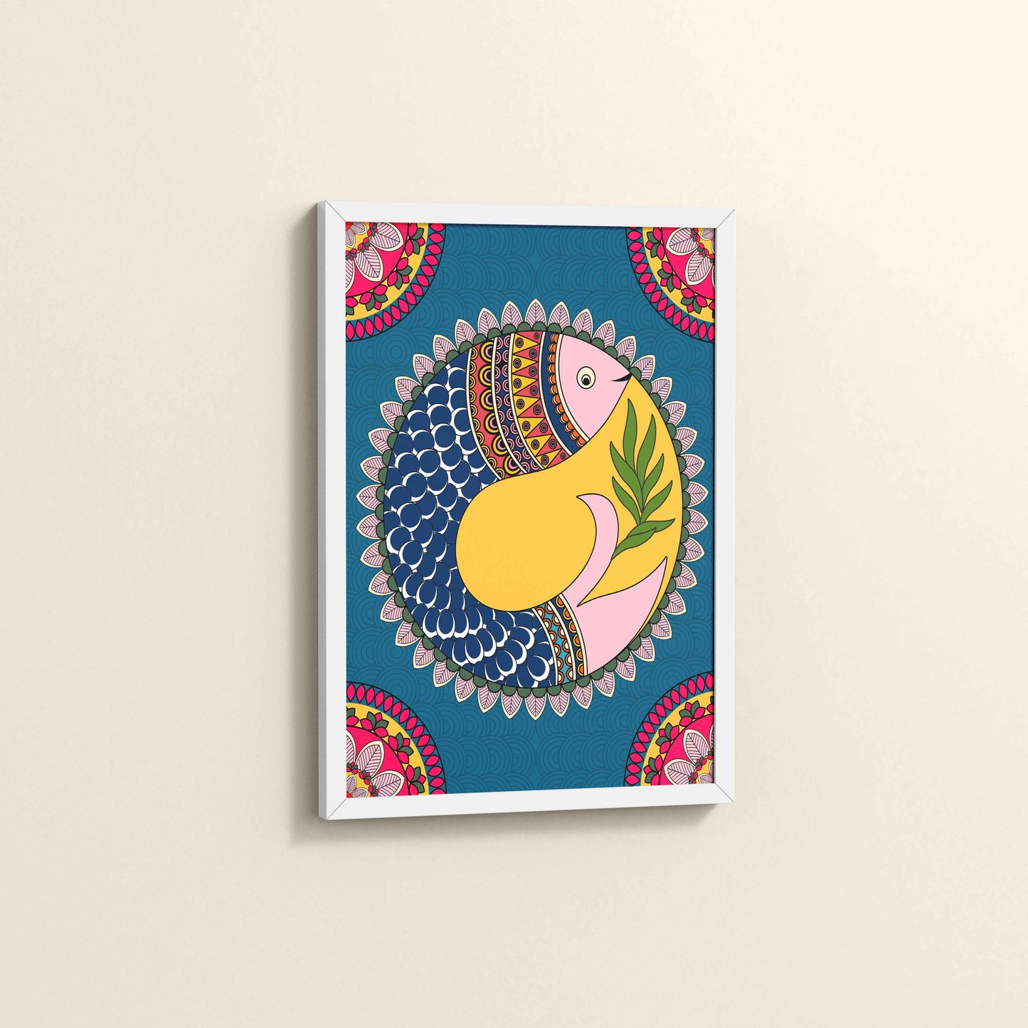 Side View of Fish in Flow – Traditional Warli Art Wall Frame in White Color Frame