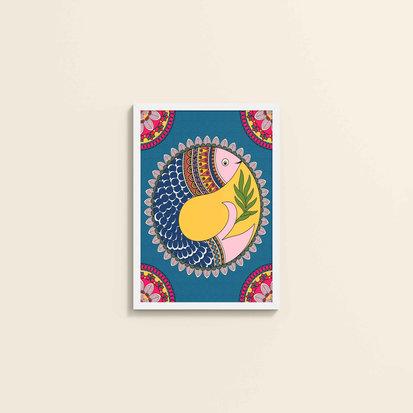 Wall View of Fish in Flow – Traditional Warli Art Wall Frame in White Color Frame