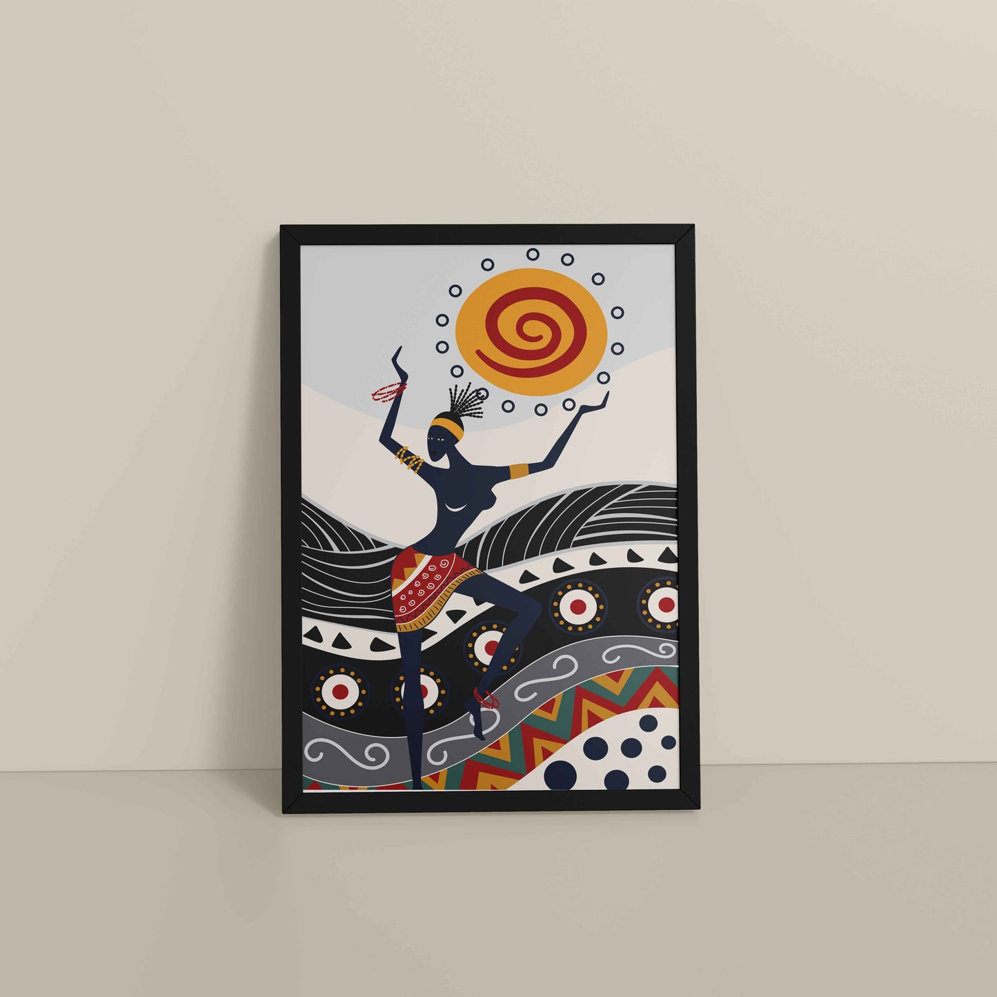 Floor View of Dancing with the Sun – Vibrant Tribal Wall Decor in Black Color Frame