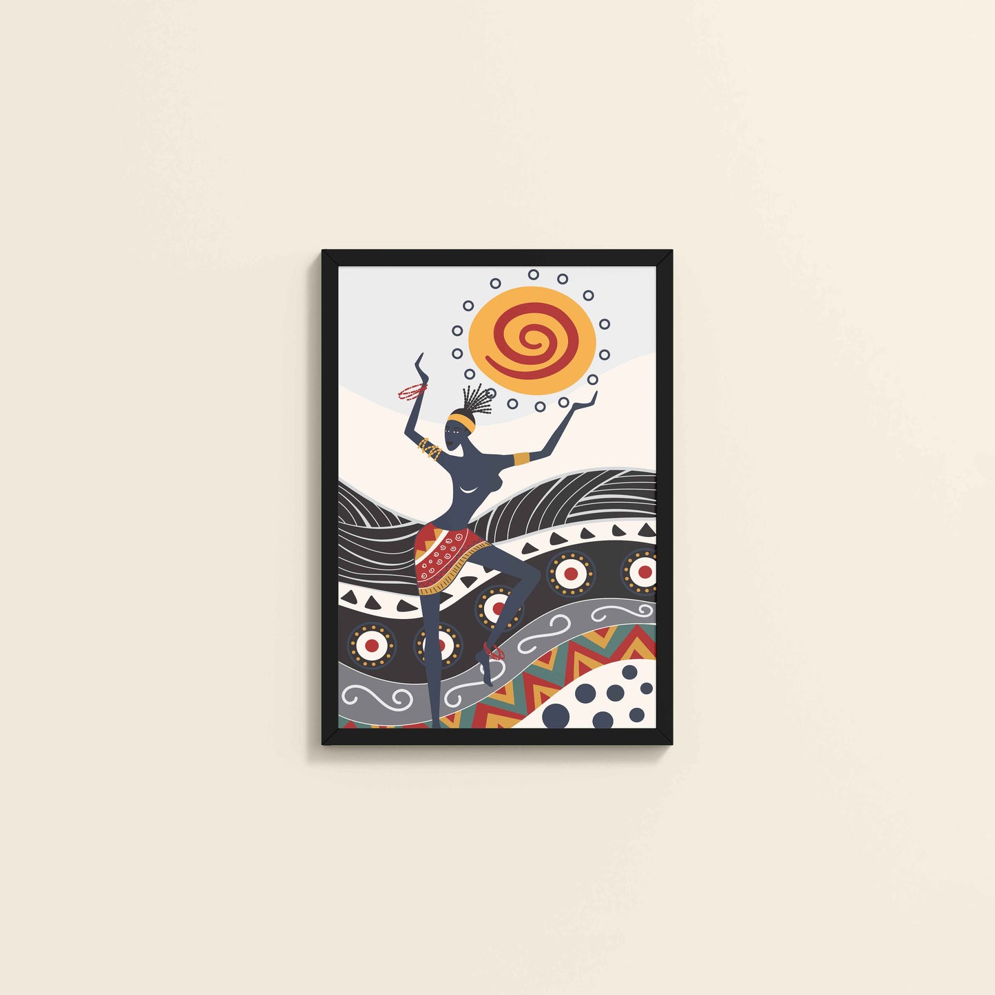 Wall View of Dancing with the Sun – Vibrant Tribal Wall Decor in Black Color Frame