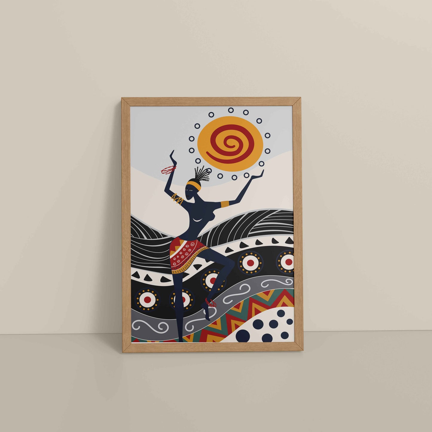 Floor View of Dancing with the Sun – Vibrant Tribal Wall Decor in Natrual Color Frame