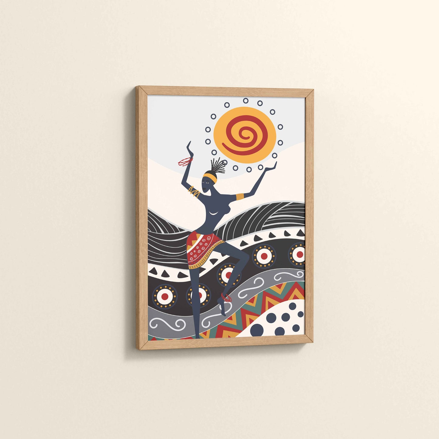 Side View of Dancing with the Sun – Vibrant Tribal Wall Decor in Natrual Color Frame