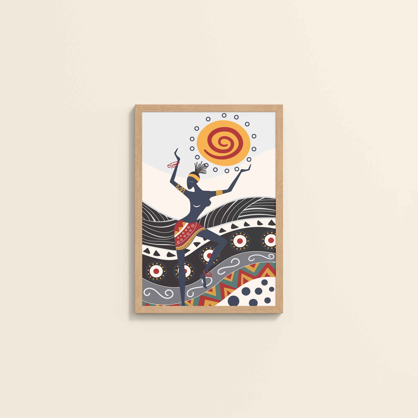 Wall View of Dancing with the Sun – Vibrant Tribal Wall Decor in Natrual Color Frame