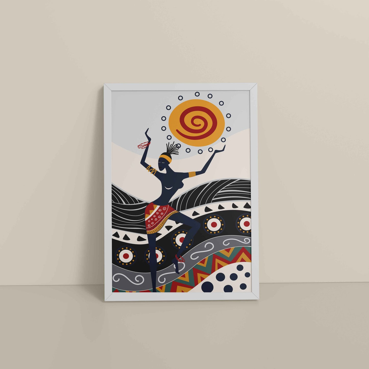 Floor View of Dancing with the Sun – Vibrant Tribal Wall Decor in White Color Frame