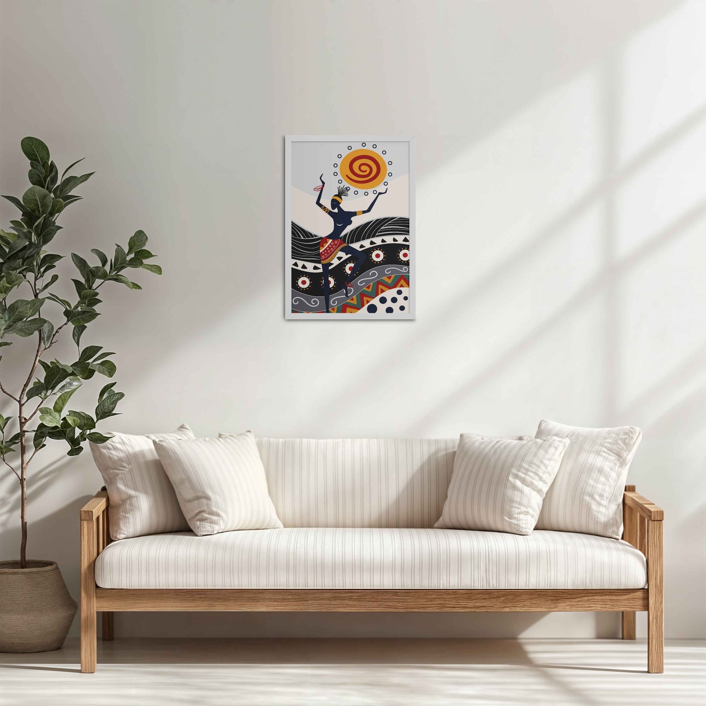 Living Room Cabinet Table Preview of Dancing with the Sun – Vibrant Tribal Wall Decor in White Color Frame