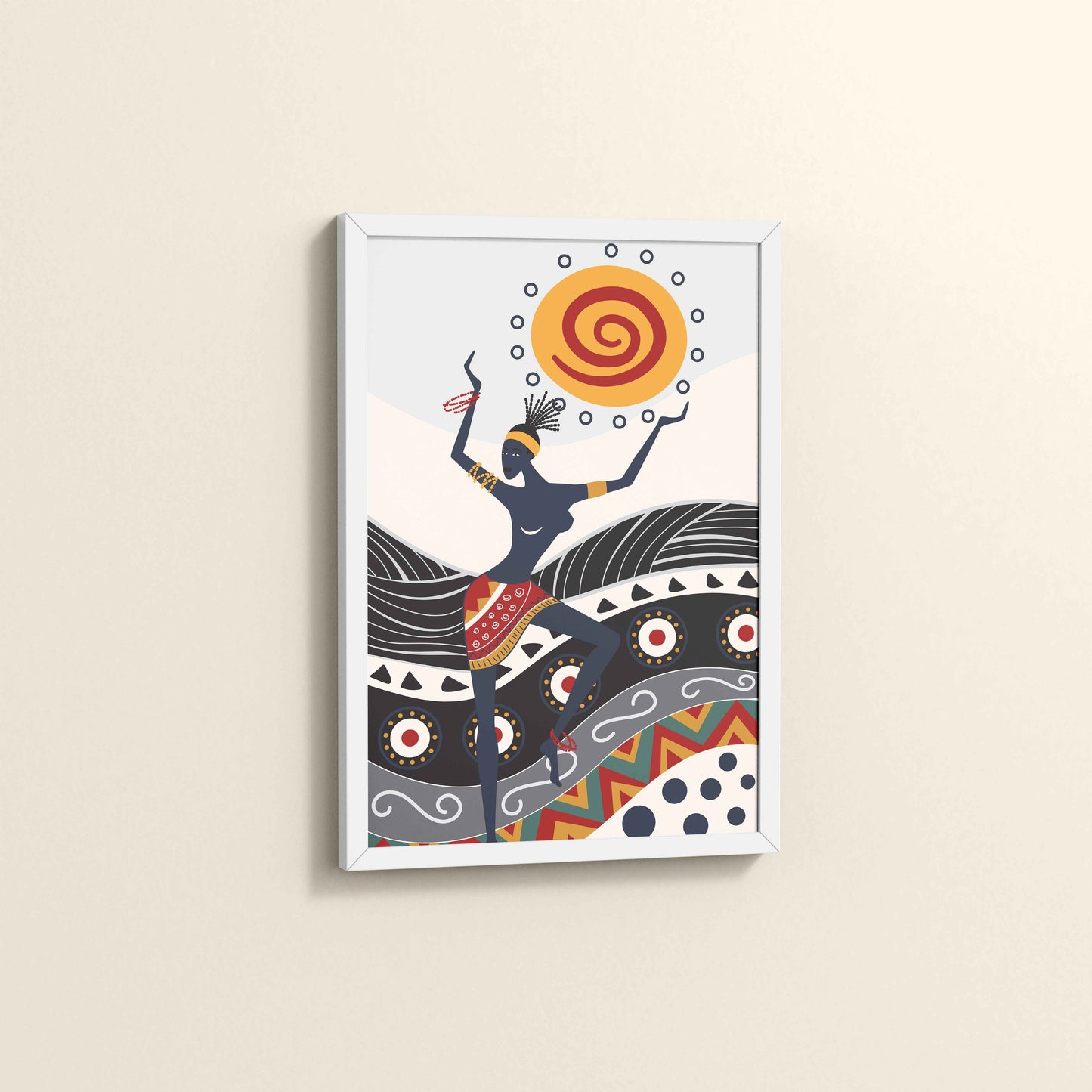 Side View of Dancing with the Sun – Vibrant Tribal Wall Decor in White Color Frame