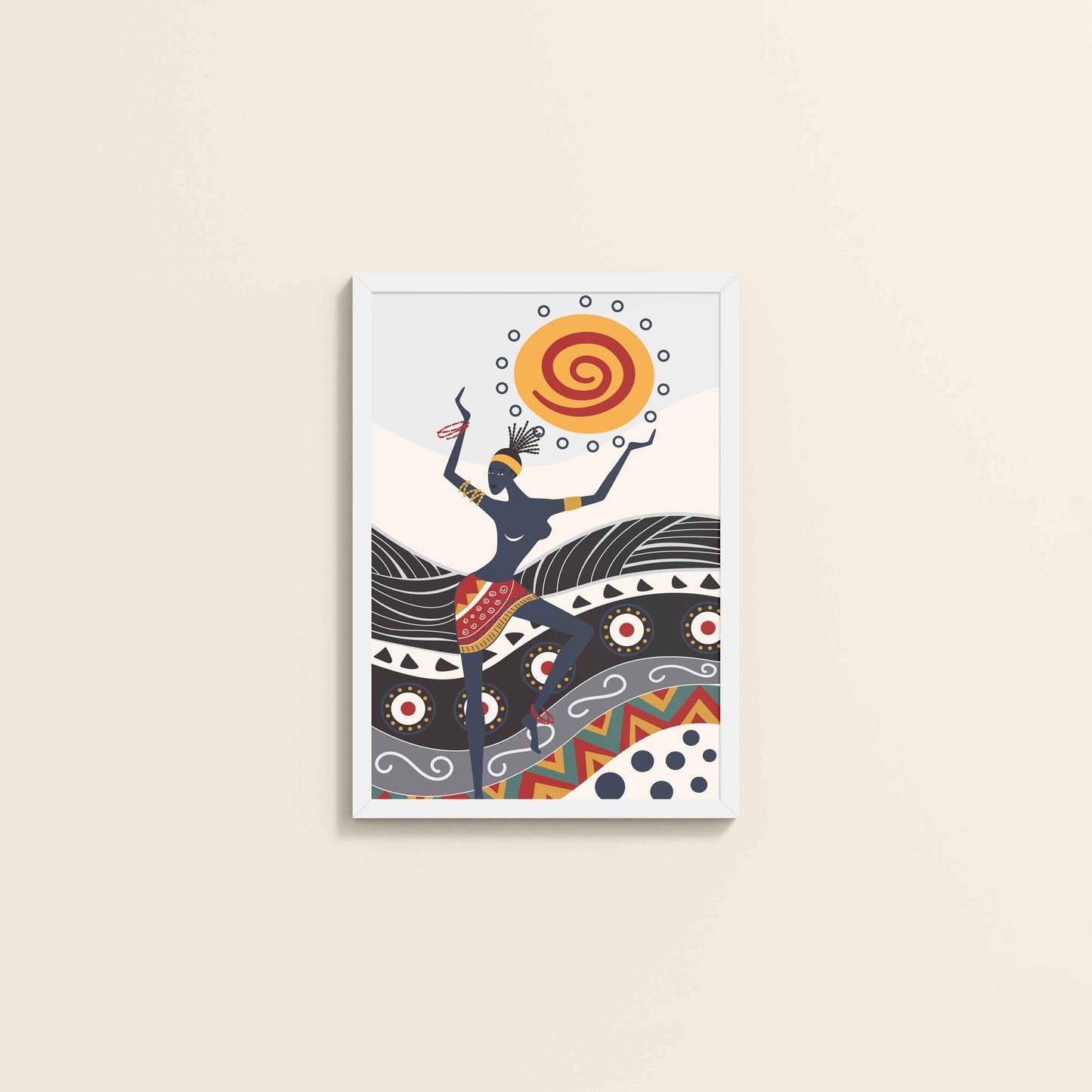Wall View of Dancing with the Sun – Vibrant Tribal Wall Decor in White Color Frame