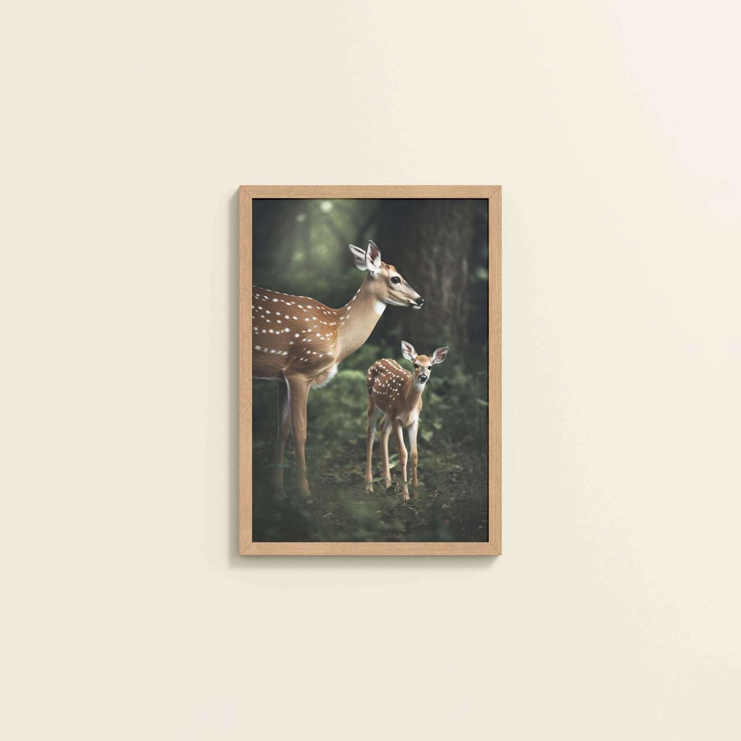 Wall View of Nature’s Beauty– Mother Deer and Fawn Wall Decor in Natrual Color Frame