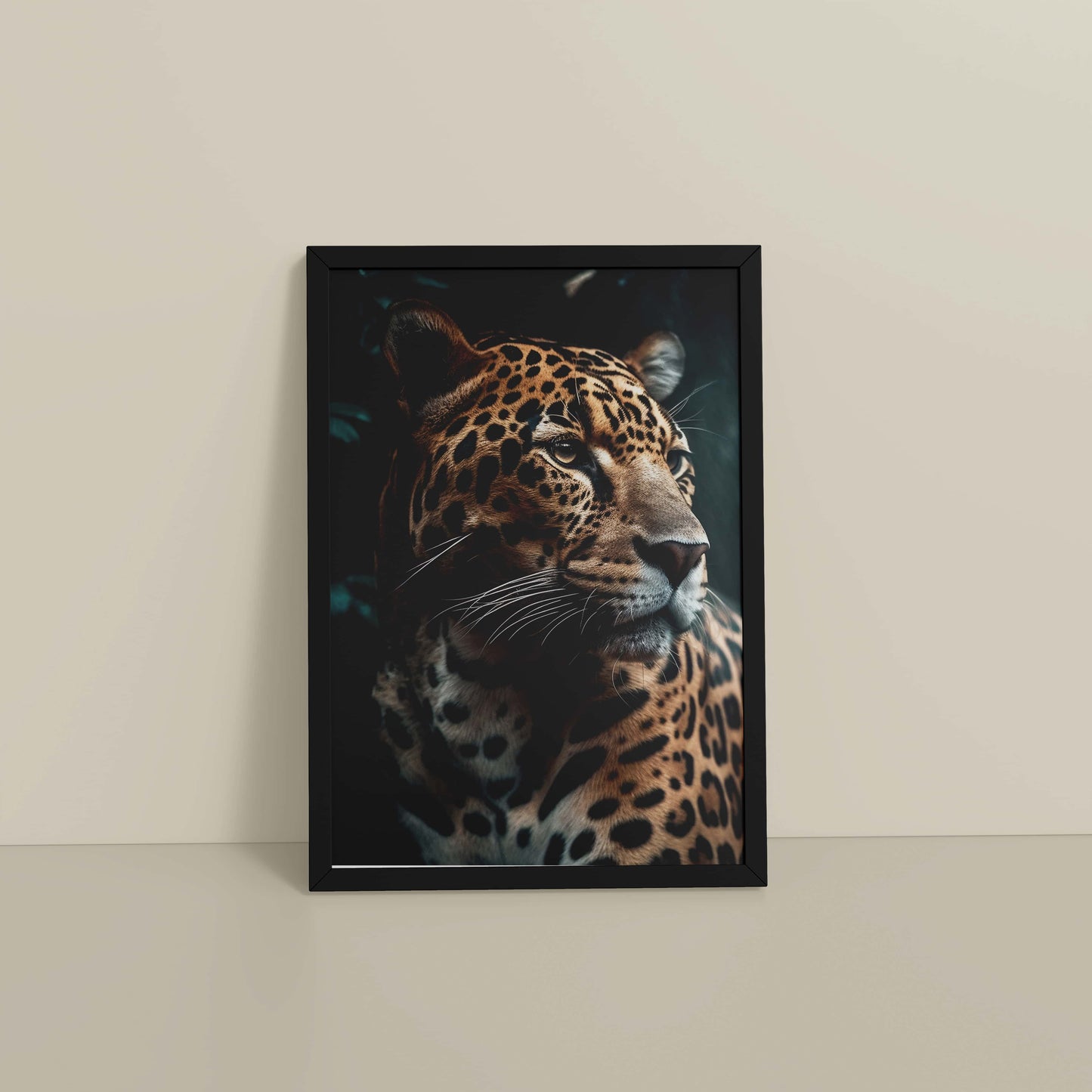 Floor View of Silent Strength – Leopard in Nature Wall Art Frame in Black Color Frame
