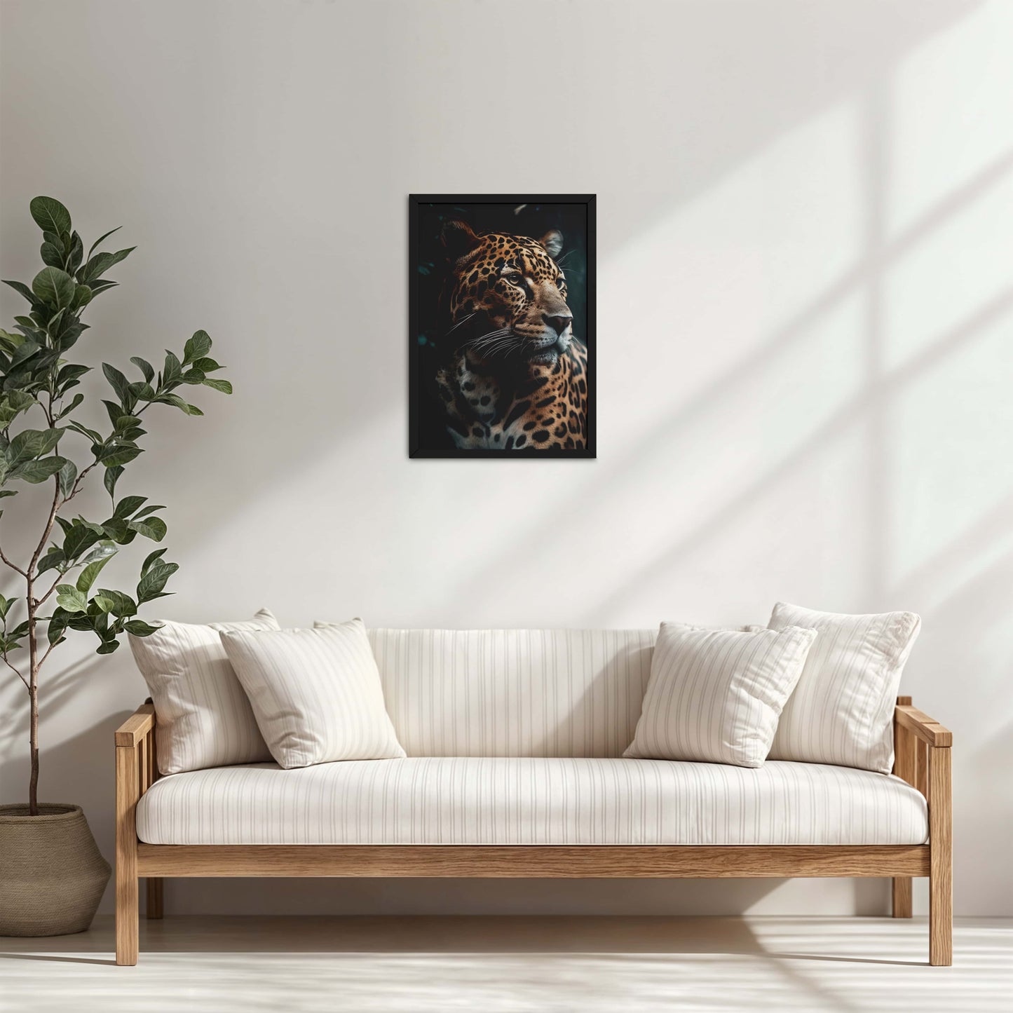 Living Room Cabinet Table Preview of Silent Strength – Leopard in Nature Wall Art Frame in Black Color Frame