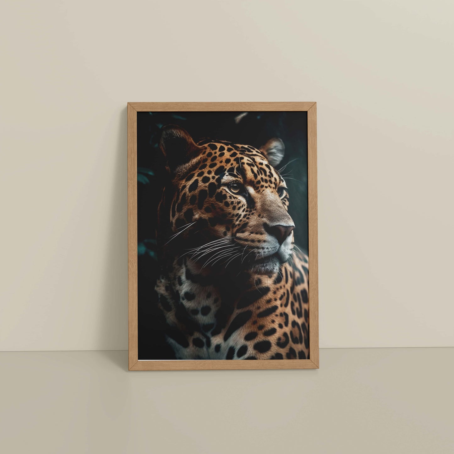 Floor View of Silent Strength – Leopard in Nature Wall Art Frame in Natrual Color Frame