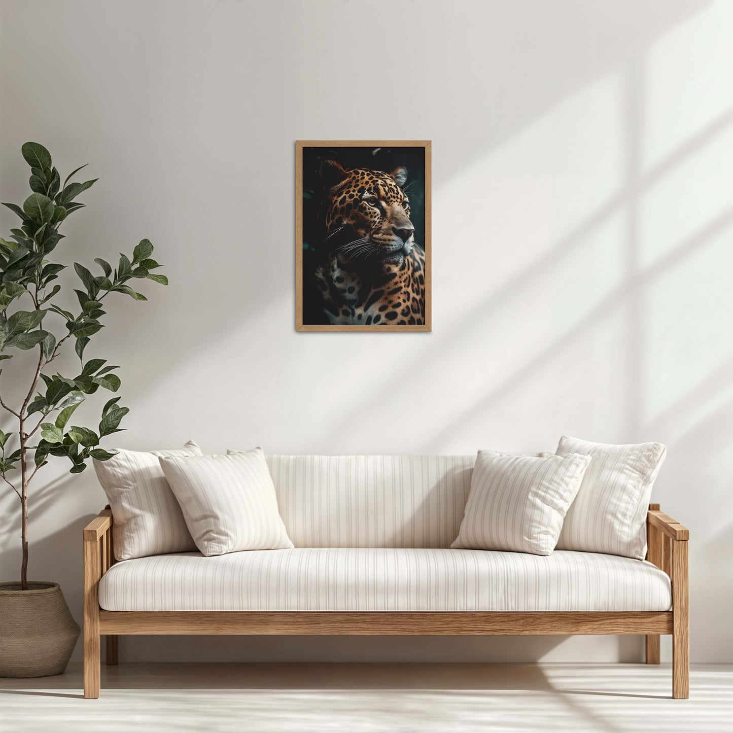 Living Room Cabinet Table Preview of Silent Strength – Leopard in Nature Wall Art Frame in Natrual Color Frame