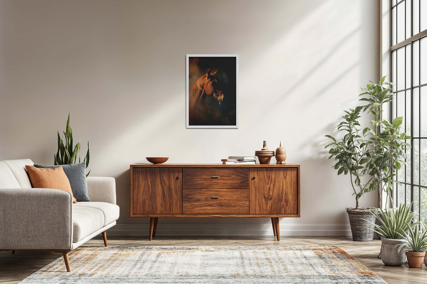 Living Room Sofa Preview of Graceful Strength – Horse Head Wall Art Frame in White Color Frame